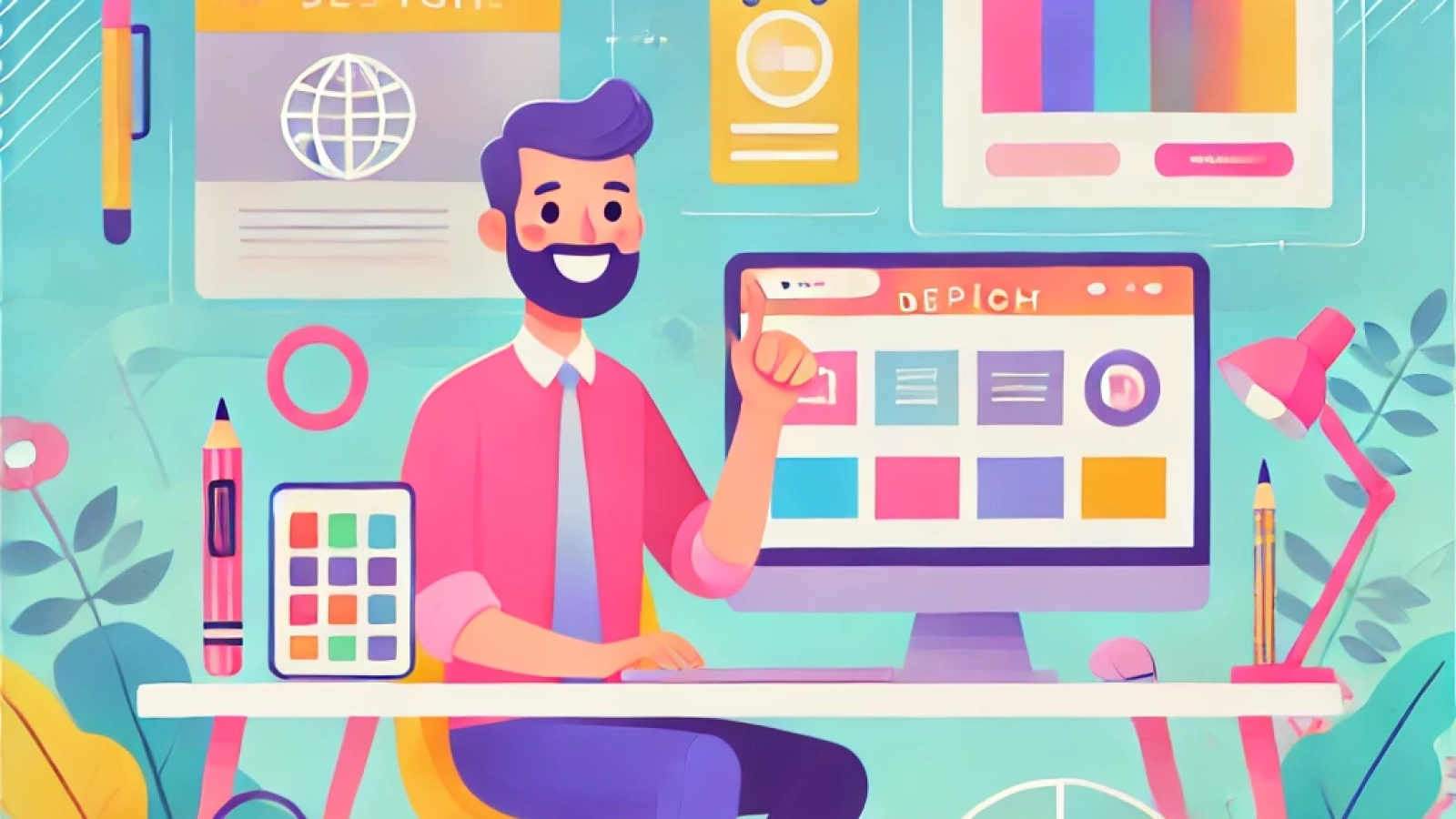 DALL·E-2025-02-07-20.00.47-A-bright-and-colorful-cartoon-style-digital-workspace-featuring-a-friendly-web-designer-working-on-a-modern-website.-The-scene-is-cheerful-and-invitin.webp