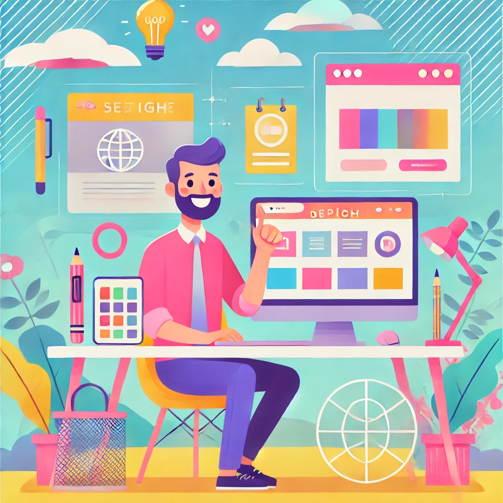 DALL·E-2025-02-07-20.00.47-A-bright-and-colorful-cartoon-style-digital-workspace-featuring-a-friendly-web-designer-working-on-a-modern-website.-The-scene-is-cheerful-and-invitin.webp